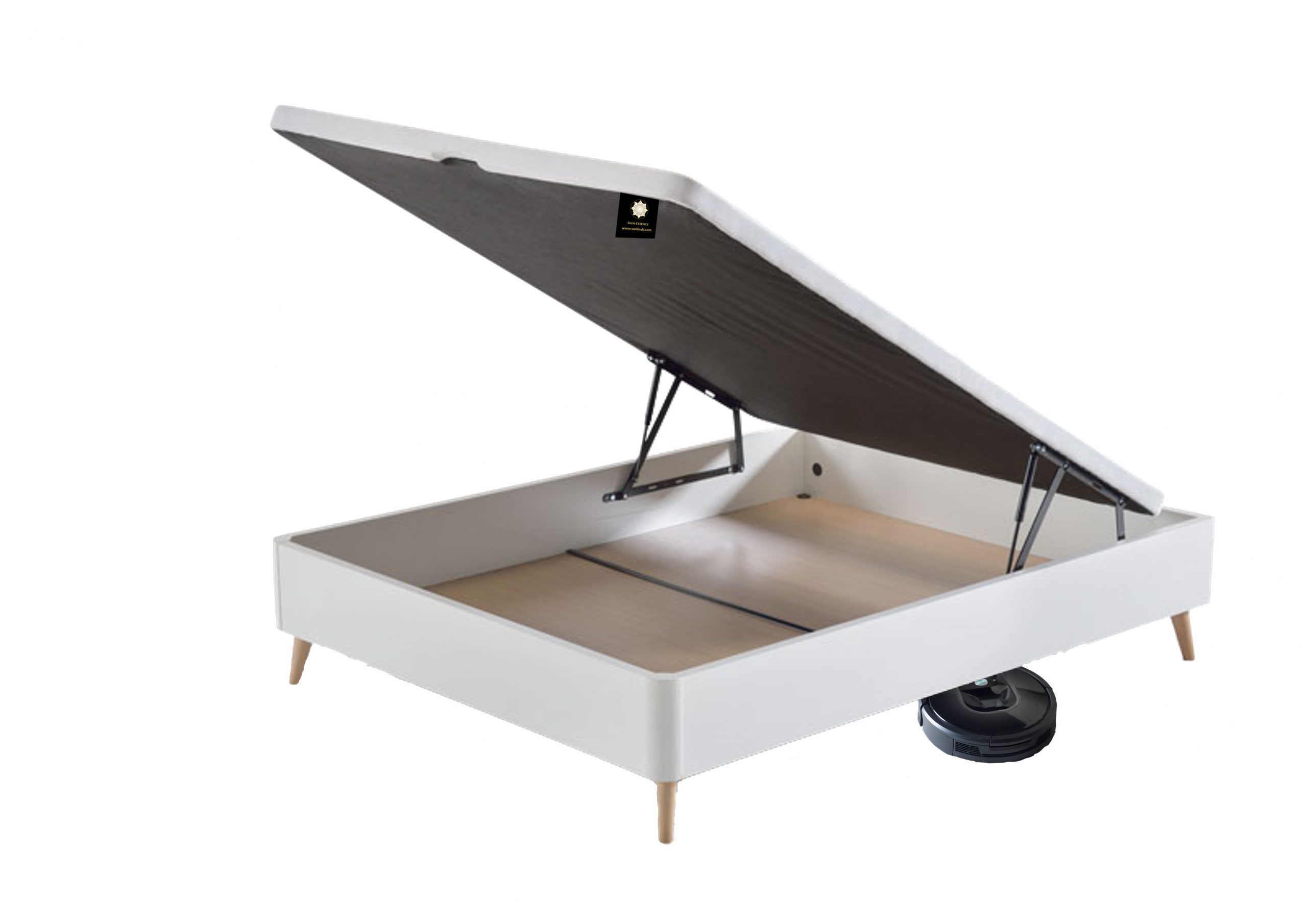 Canapé abatible Box 20 color blanco, abierto y robot aspirador